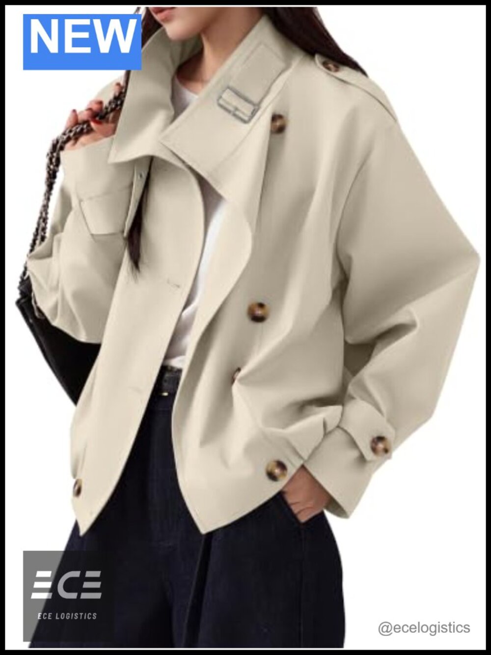 Womens Cropped Trench Coat Button Front Jacket with Pockets